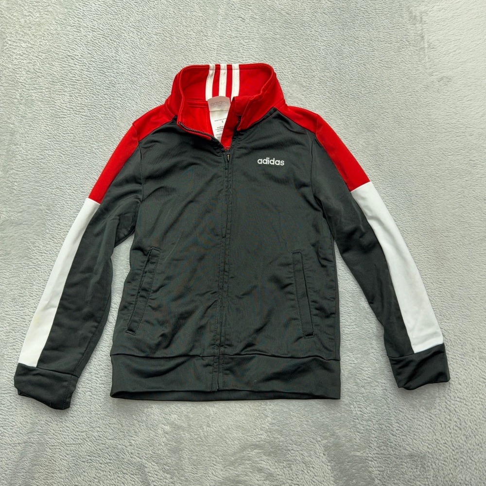 Adidas Track Jacket Boys Size 5 Black Red White Full Zip Three Stripe Athletic